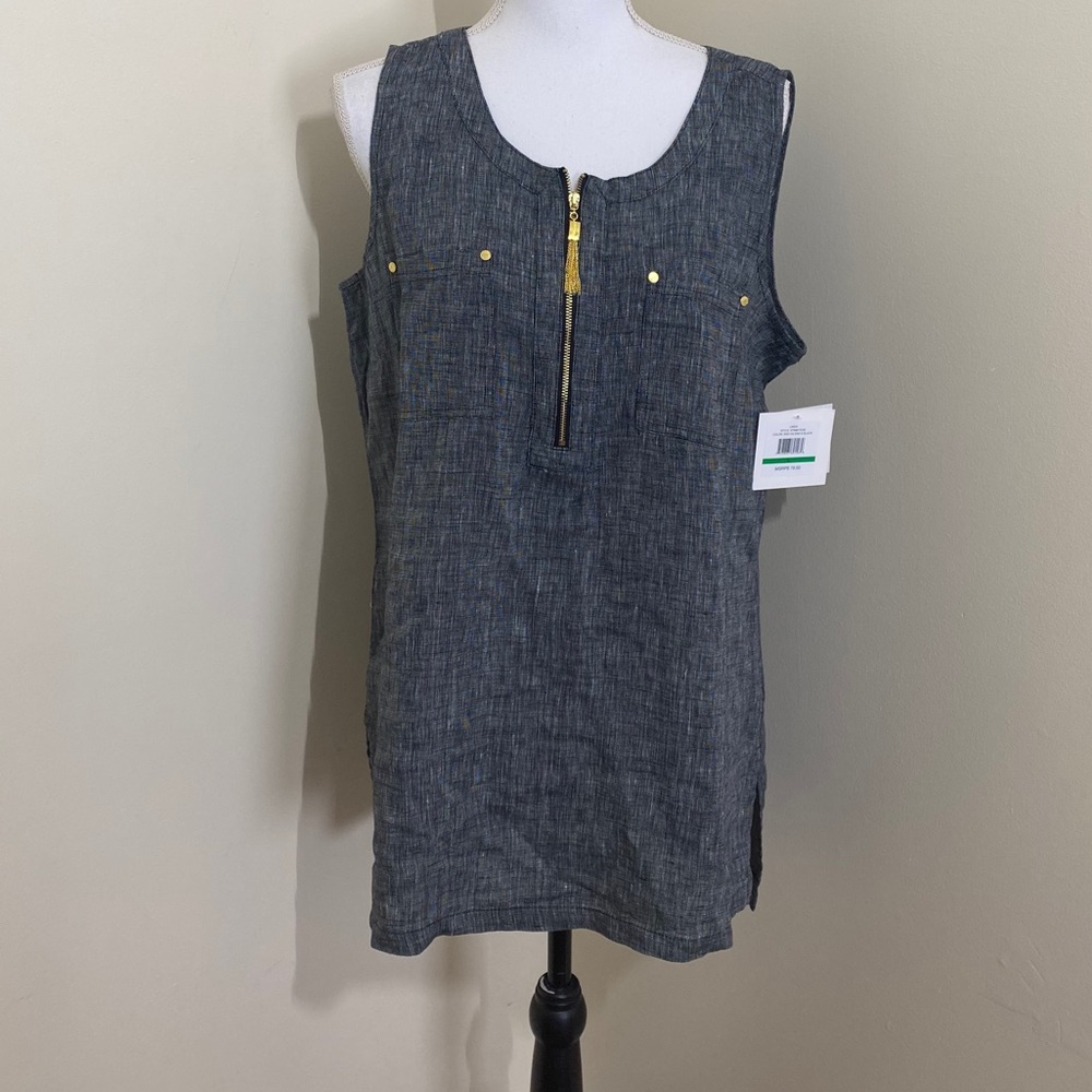 NWT Ellen Tracy Sleeveless Tunic XL Black White Gold Accent Fringed Zipper Top